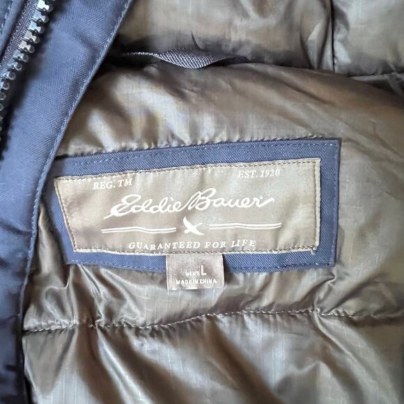 Eddie Bauer Men’s WeatherEdge Waterproof Down Parka Large Navy Hooded Jacket - Picture 8 of 9